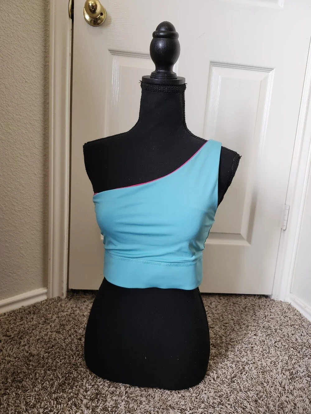 Fabletics One-Shoulder Aqua Sports Bra with Pink Trim